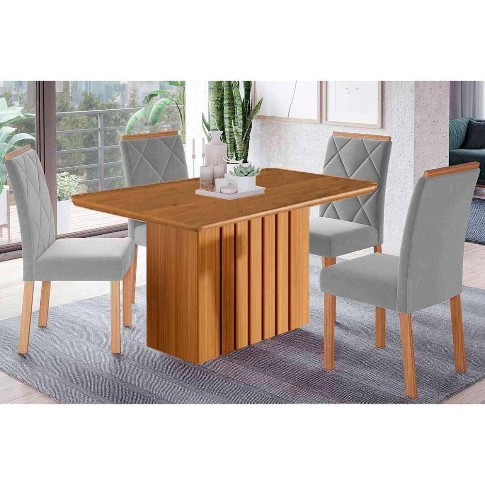 Sala De Jantar Completa Ana Tampo Madeirado 130x80cm E 4 Cadeiras Fernanda Cinamomo - Carvalho/linho Grafite - Cimol - 1