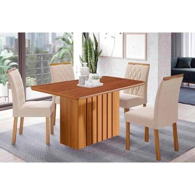 Sala De Jantar Completa Ana Tampo Madeirado 130x80cm E 4 Cadeiras Juliana Cinamomo - Carvalho/suede Nude Bege - Cimol