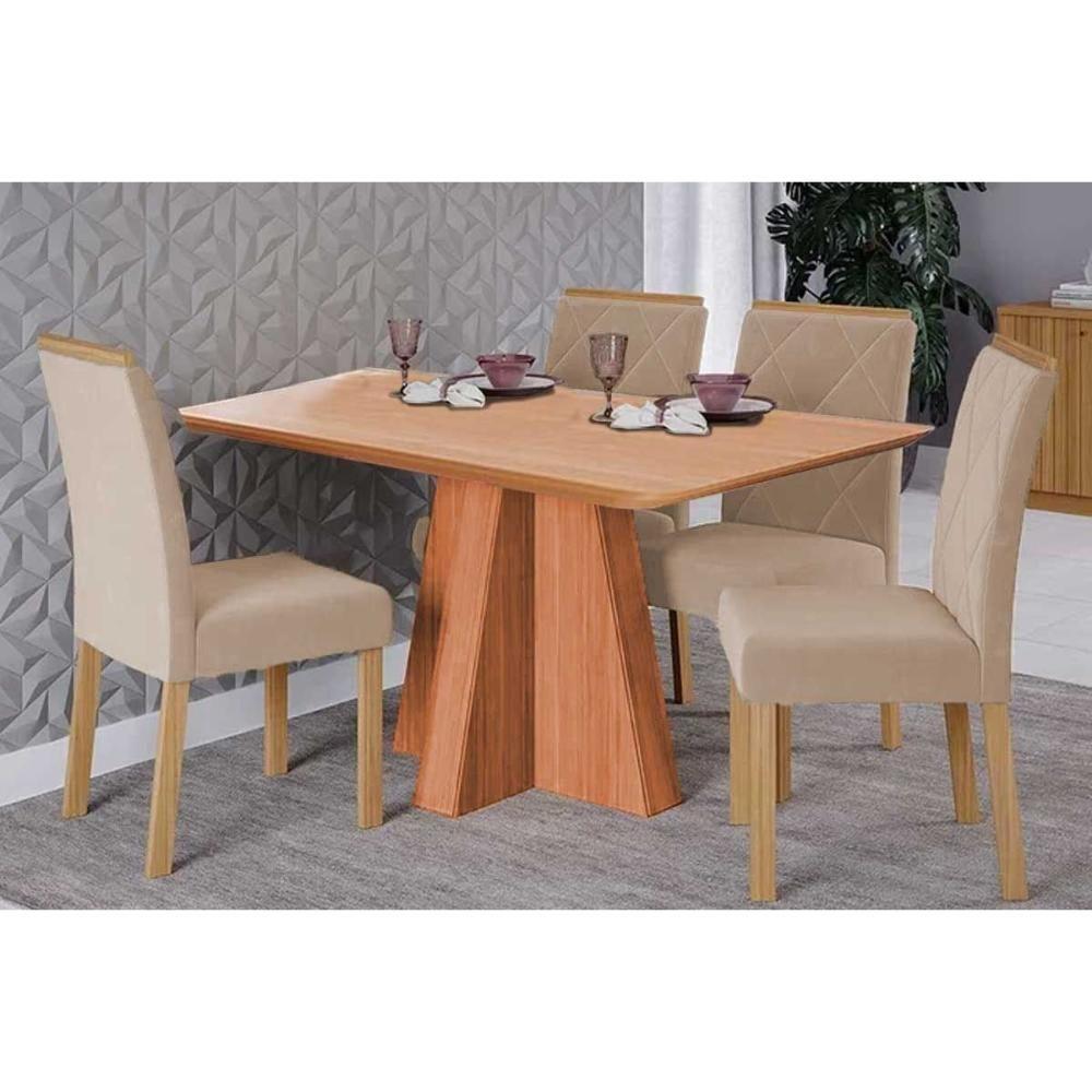 Sala De Jantar Completa Maitê Tampo Madeirado 130x80cm E 4 Cadeiras Fernanda Cinamomo - Carvalho/suede Nude Bege - Cimol - 1