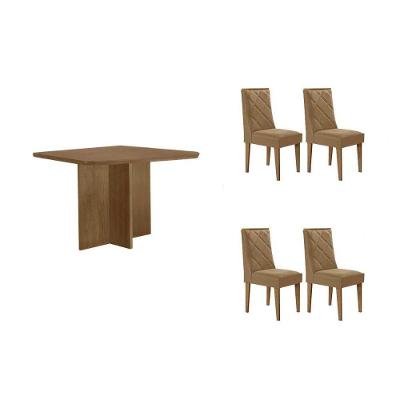 Sala De Jantar Completa Berlim C/ Tampo Madeirado Canto Curvo 90x90cm E 4 Cadeiras Pietá Naturale - Linho Bege - Rufato