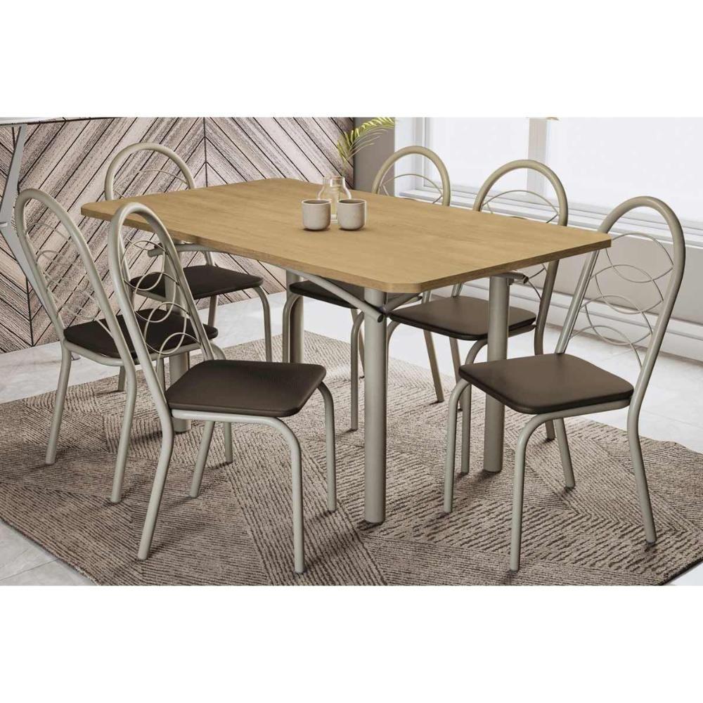 Sala De Jantar Completa Elba C/ Tampo De Madeira 160cm E 6 Cadeiras Noruega Niquel/nogueira - Corano Marrom - Kappesberg - 1