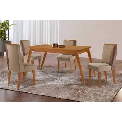Sala De Jantar Completa Havana C/ Tampo Madeirado Canto Curvo 120x80cm E 4 Cadeiras Tilia Naturale - Linho Bege - Rufato