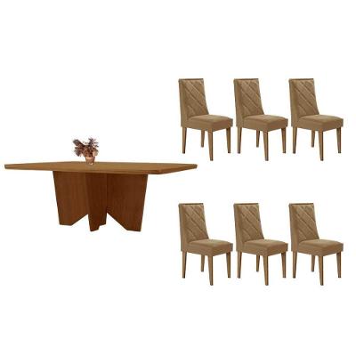 Sala De Jantar Completa Nevada C/ Tampo Madeirado Canto Curvo 180x90cm E 6 Cadeiras Pietá Naturale - Linho Bege - Rufato