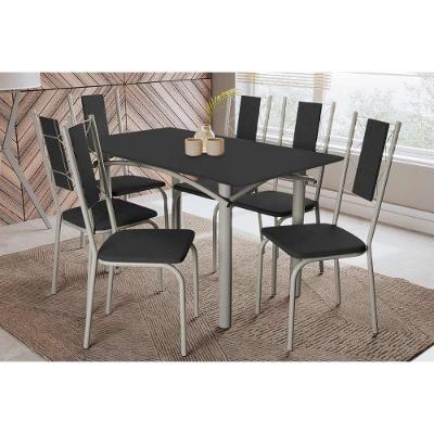 Sala De Jantar Completa Elba Tampo Madeirado C/ Vidro 160cm E 6 Cadeiras Lisboa Niquel/preto - Corano Preto - Kappesberg