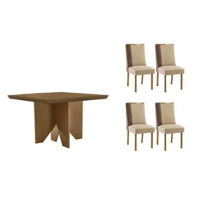 Sala De Jantar Completa Nevada C/ Tampo Madeirado Canto Curvo 90x90cm E 4 Cadeiras Tilia Naturale - Linho Bege - Rufato