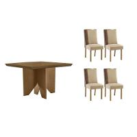 Sala De Jantar Completa Nevada C/ Tampo Madeirado Canto Curvo 90x90cm E 4 Cadeiras Tilia Naturale - Linho Bege - Rufato - 1