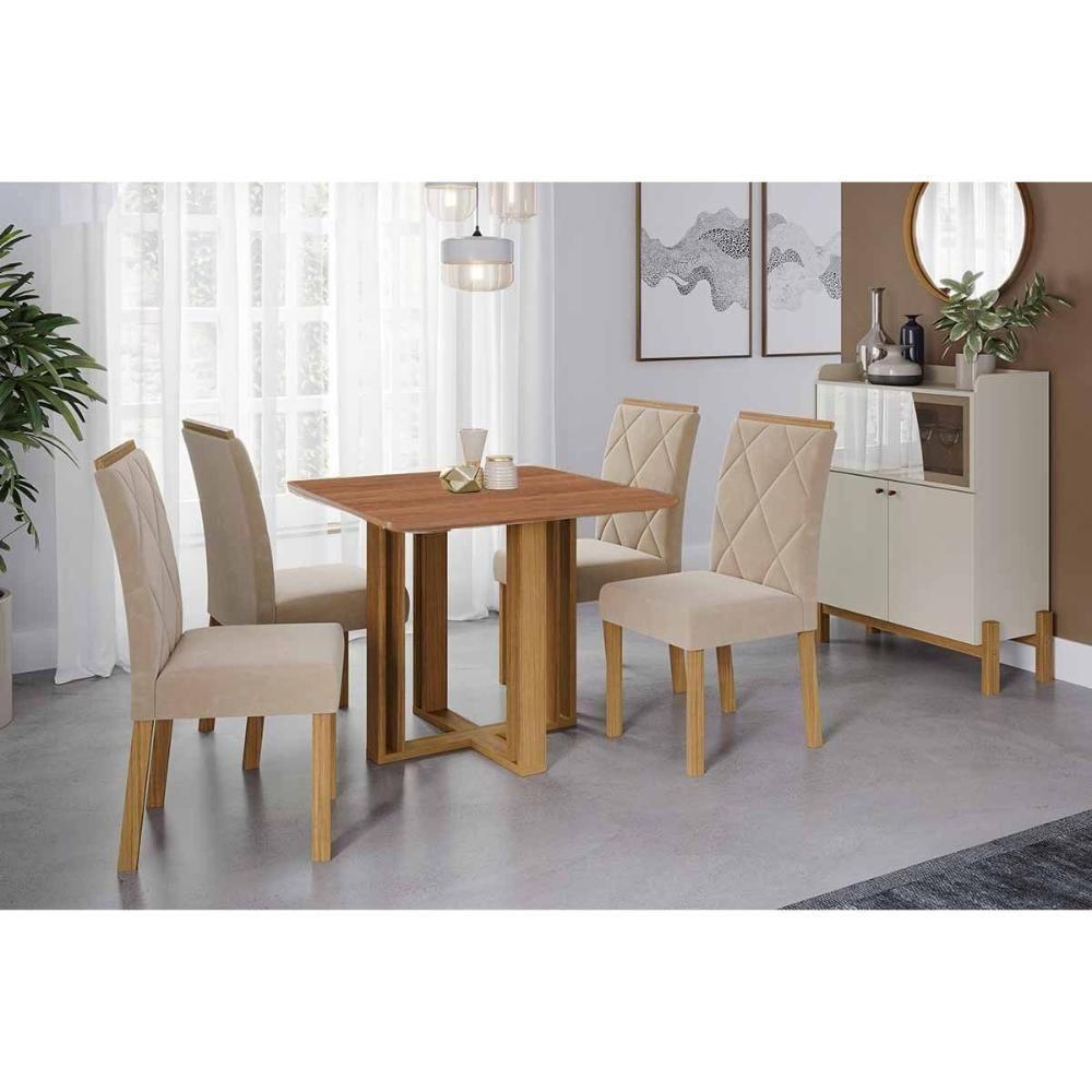 Sala De Jantar Completa Flora Tampo Madeirado 95x95cm E 4 Cadeiras Fernanda Cinamomo - Carvalho/suede Nude Bege - Cimol - 1