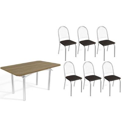 Sala De Jantar Completa Elba C/ Tampo De Madeira 160cm E 6 Cadeiras Noruega Cromada/nogueira - Corano Preto - Kappesberg
