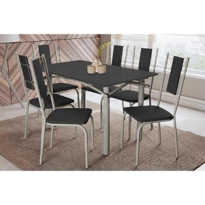 Sala De Jantar Completa Elba Tampo Madeirado C/ Vidro 120cm E 6 Cadeiras Lisboa Niquel/preto - Corano Preto - Kappesberg