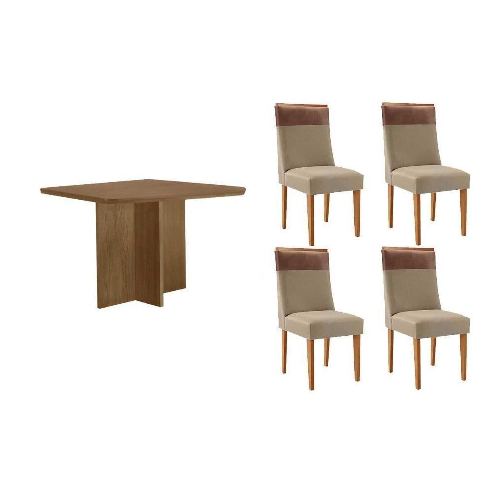 Sala De Jantar Completa Berlim C/ Tampo Madeirado Canto Curvo 90x90cm E 4 Cadeiras Jaspe Naturale - Linho Bege - Rufato - 1