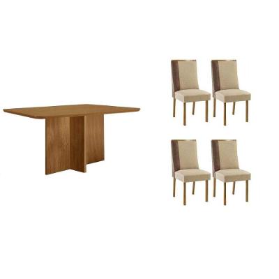 Sala De Jantar Completa Berlim C/ Tampo Madeirado Canto Curvo 120x80cm E 4 Cadeiras Tilia Naturale - Linho Bege - Rufato