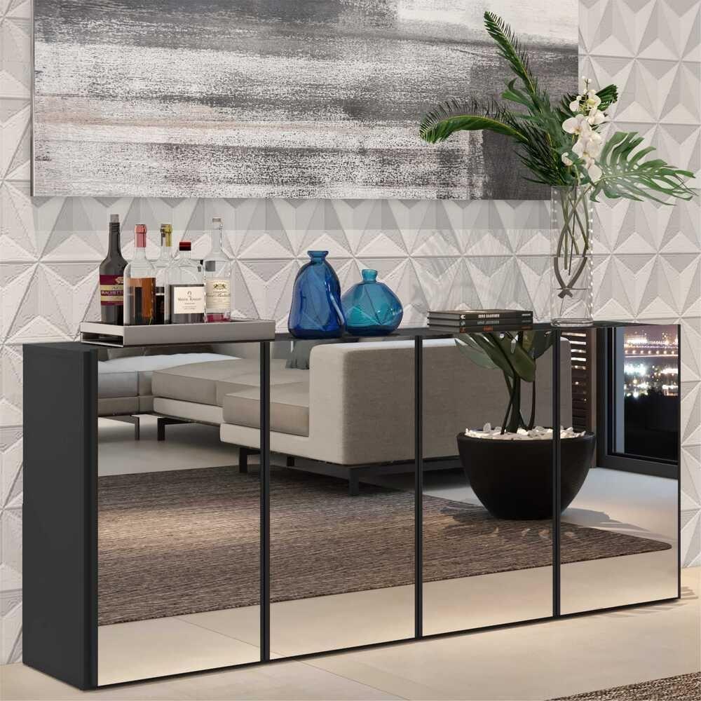 Aparador Buffet 4 Portas Com Espelho Vegas V3558 Preto Preto - 5