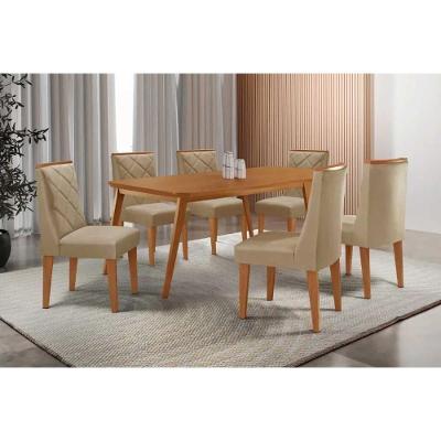 Sala De Jantar Completa Havana C/ Tampo Madeirado Canto Curvo 180x90cm E 6 Cadeiras Pietá Naturale - Linho Bege - Rufato