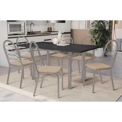 Sala De Jantar Completa Elba Tampo Madeirado C/ Vidro 160cm E 6 Cadeiras Holanda Niquel/preto - Corano Bege - Kappesberg