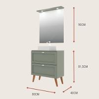 Gabinete Para Banheiro Com Tampo Cuba E Espelho Redondo 80cm Retro Mdf Verde Milano - On Móveis