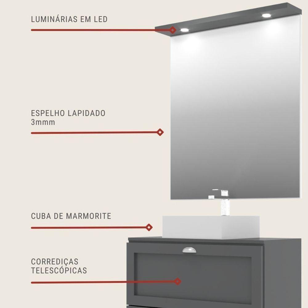 Gabinete Para Banheiro Com Tampo Cuba E Espelho Redondo 80cm Retro Mdf Grafite Milano - On Móveis - 4
