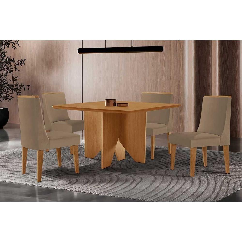 Sala De Jantar Completa Nevada C/ Tampo Madeirado Canto Curvo 90x90cm E 4 Cadeiras Dakota Naturale - Linho Bege - Rufato - 1