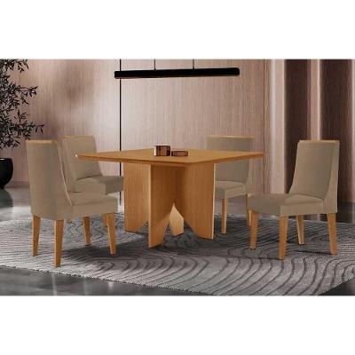 Sala De Jantar Completa Nevada C/ Tampo Madeirado Canto Curvo 90x90cm E 4 Cadeiras Dakota Naturale - Linho Bege - Rufato