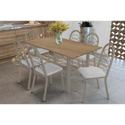 Sala De Jantar Completa Elba C/ Tampo De Madeira 160cm E 6 Cadeiras Holanda Niquel/nogueira - Corano Branco - Kappesberg