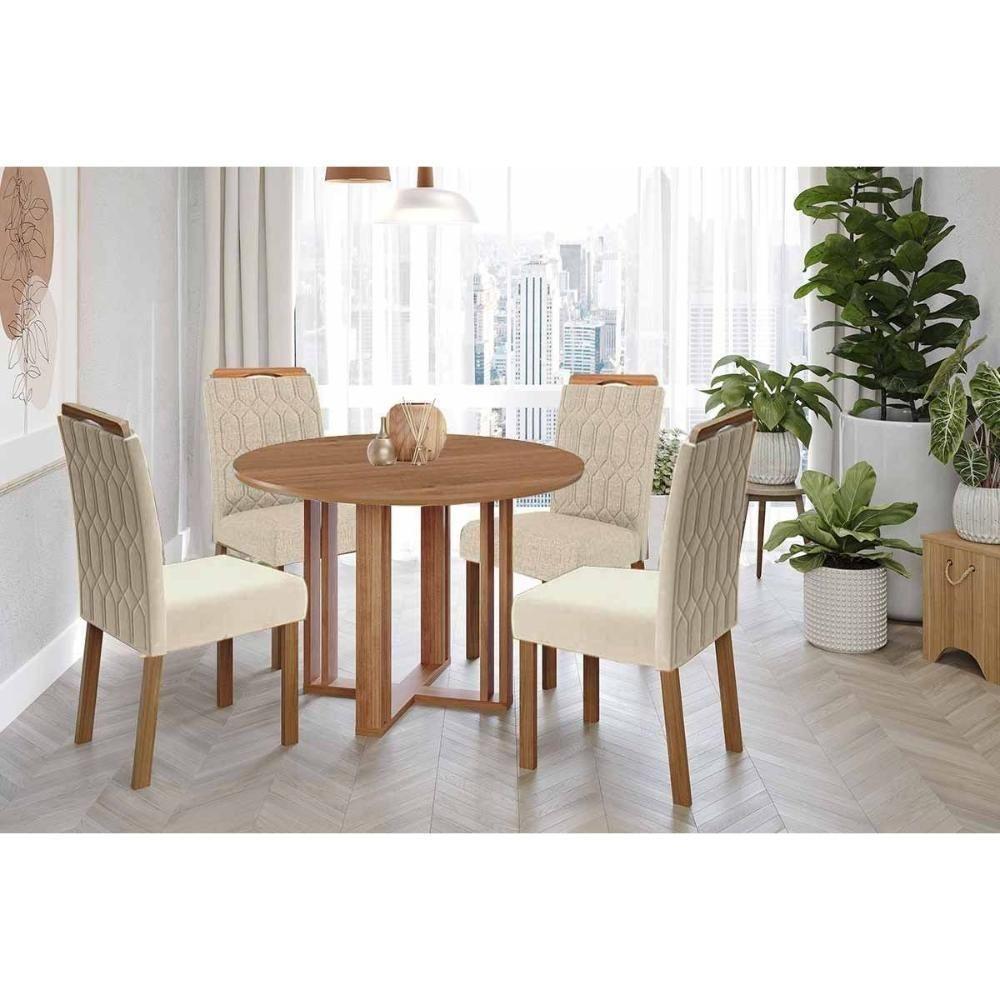 Sala De Jantar Completa Flora Tampo Madeirado 109cm E 4 Cadeiras Paola Cinamomo - Carvalho/suede Nude Bege - Cimol - 1