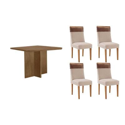 Sala De Jantar Completa Berlim C/ Tampo Madeirado Canto Curvo 90x90cm E 4 Cadeiras Jaspe Naturale - Suede Creme - Rufato