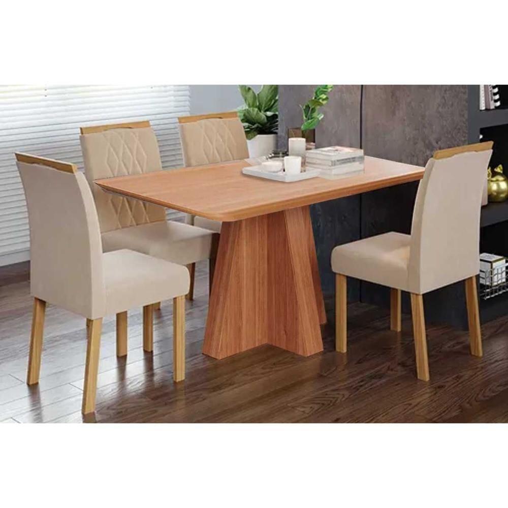 Sala De Jantar Completa Maitê Tampo Madeirado 130x80cm E 4 Cadeiras Juliana Cinamomo - Carvalho/suede Nude Bege - Cimol - 1