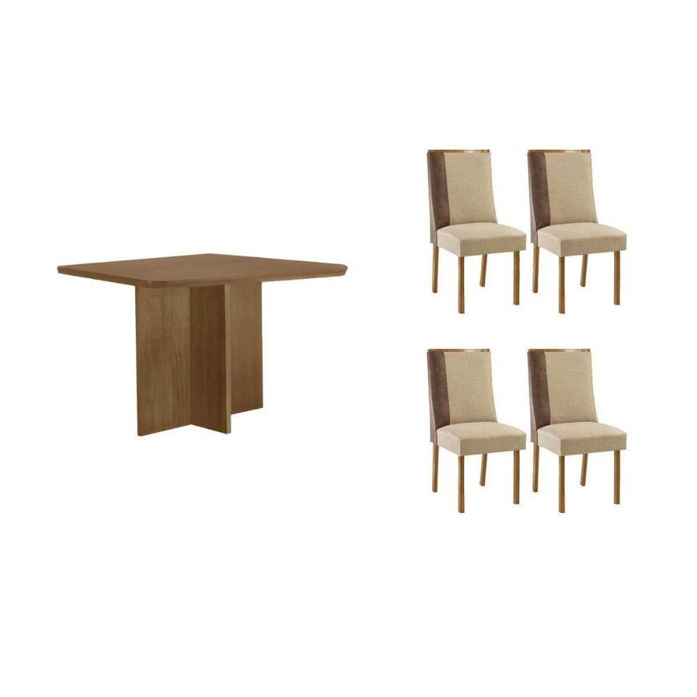 Sala De Jantar Completa Berlim C/ Tampo Madeirado Canto Curvo 90x90cm E 4 Cadeiras Tilia Naturale - Linho Bege - Rufato - 1