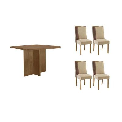 Sala De Jantar Completa Berlim C/ Tampo Madeirado Canto Curvo 90x90cm E 4 Cadeiras Tilia Naturale - Linho Bege - Rufato