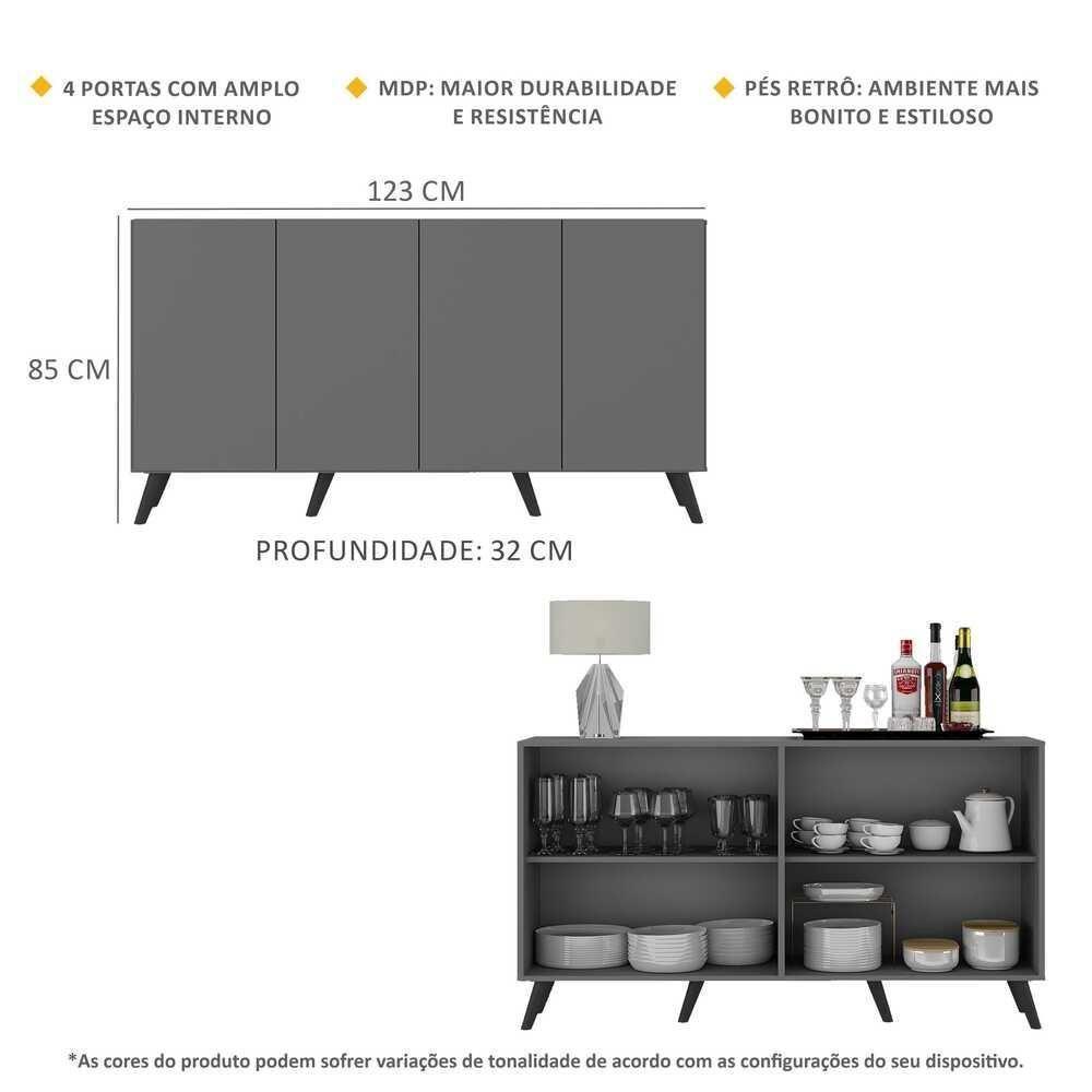 Aparador Buffet 4 Portas Com Pés Grafite Preto - 6