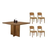 Sala De Jantar Completa Berlim C/ Tampo Madeirado Canto Curvo 90x90cm E 4 Cadeiras Havana Naturale - Linho Bege - Rufato - 1