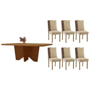 Sala De Jantar Completa Nevada C/ Tampo Madeirado Canto Curvo 180x90cm E 6 Cadeiras Tilia Naturale - Linho Bege - Rufato