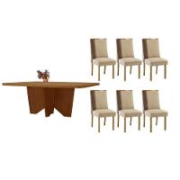 Sala De Jantar Completa Nevada C/ Tampo Madeirado Canto Curvo 180x90cm E 6 Cadeiras Tilia Naturale - Linho Bege - Rufato - 1