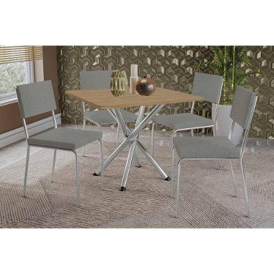 Sala De Jantar Completa Volga C/ Tampo De Madeira 90cm E 4 Cadeiras Zaria Cromada/nogueira - Suede Cinza - Kappesberg