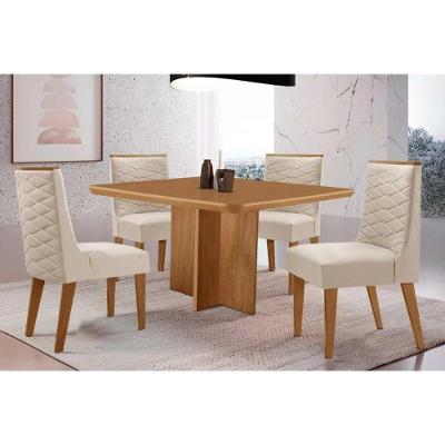 Sala De Jantar Completa Berlim C/ Tampo Madeirado Canto Curvo 90x90cm E 4 Cadeiras Dafne Naturale - Suede Creme - Rufato