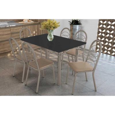 Sala De Jantar Completa Elba Tampo Madeirado C/ Vidro 120cm E 6 Cadeiras Holanda Niquel/preto - Corano Bege - Kappesberg