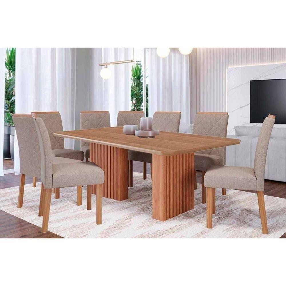 Sala De Jantar Completa Ester Tampo Madeirado 210x100cm E 8 Cadeiras Fernanda Cinamomo - Carvalho/linho Bege - Cimol - 1