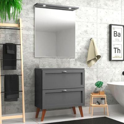 Gabinete Para Banheiro Com Tampo E Espelheira 80cm Retro Mdf Grafite Milano - On Móveis