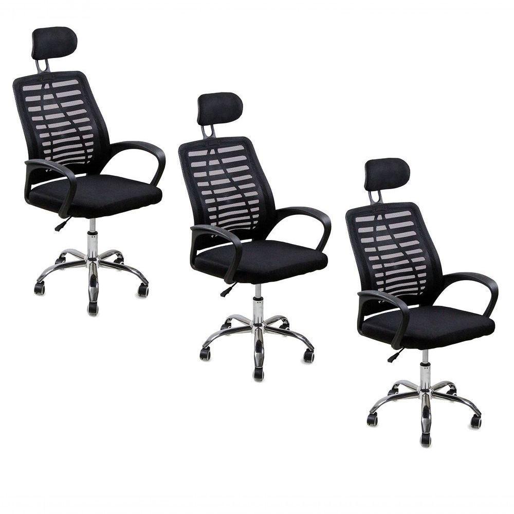 Kit 3 Cadeiras Escritório Diretor Tela Mesh Com Encosto De Cabeça Preto - 1