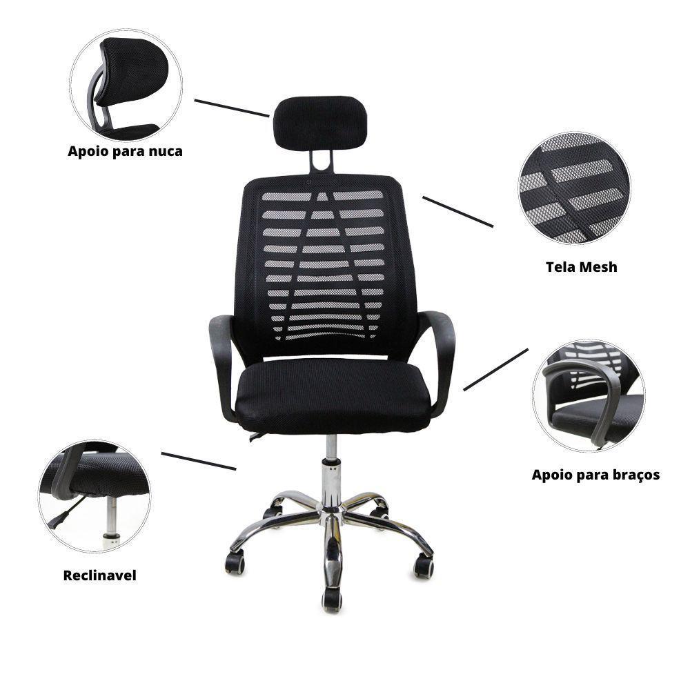 Kit 3 Cadeiras Escritório Diretor Tela Mesh Com Encosto De Cabeça Preto - 5