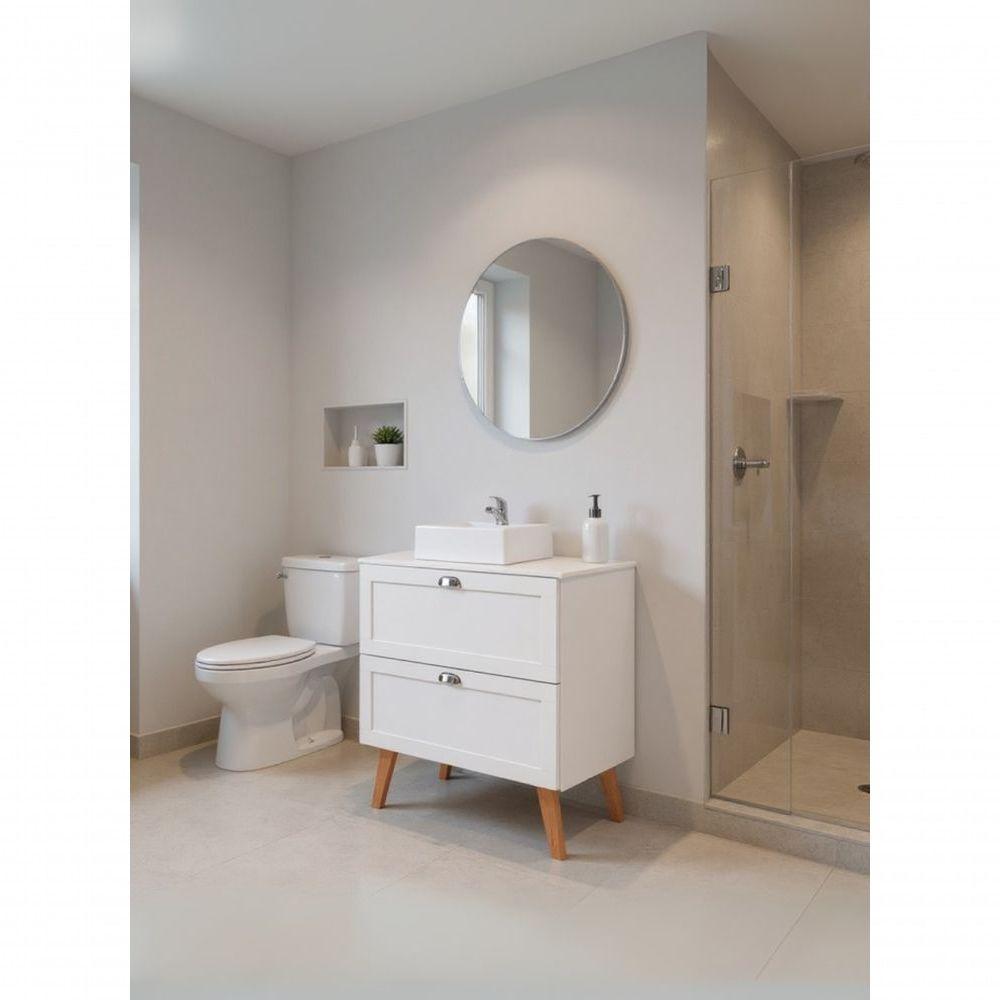 Gabinete Para Banheiro Com Tampo Cuba E Espelho Redondo 80cm Retro Mdf Branco Milano - On Móveis - 3