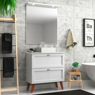 Gabinete Para Banheiro Com Tampo Cuba E Espelho Redondo 80cm Retro Mdf Branco Milano - On Móveis