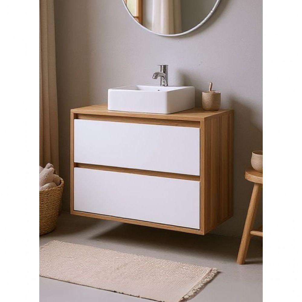 Gabinete Para Banheiro Com Cuba E Espelheira Organica 80cm Mdf Freijo Com Branco Dubai - On Móveis - 2