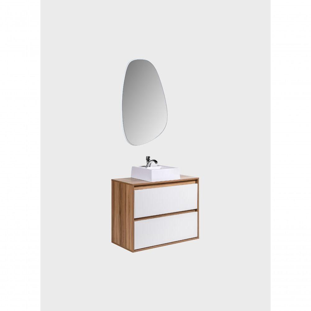 Gabinete Para Banheiro Com Cuba E Espelheira Organica 80cm Mdf Freijo Com Branco Dubai - On Móveis - 5