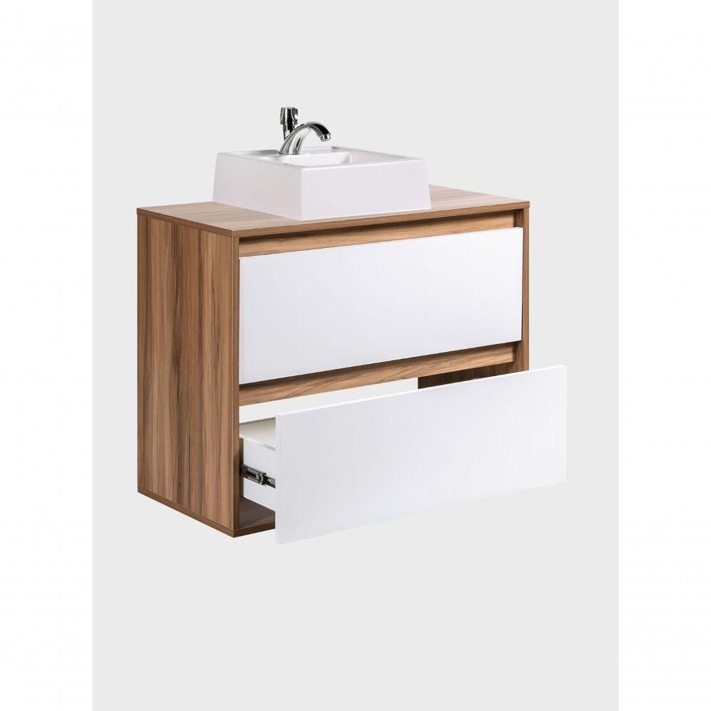 Gabinete Para Banheiro Com Cuba E Espelheira Organica 80cm Mdf Freijo Com Branco Dubai - On Móveis - 9