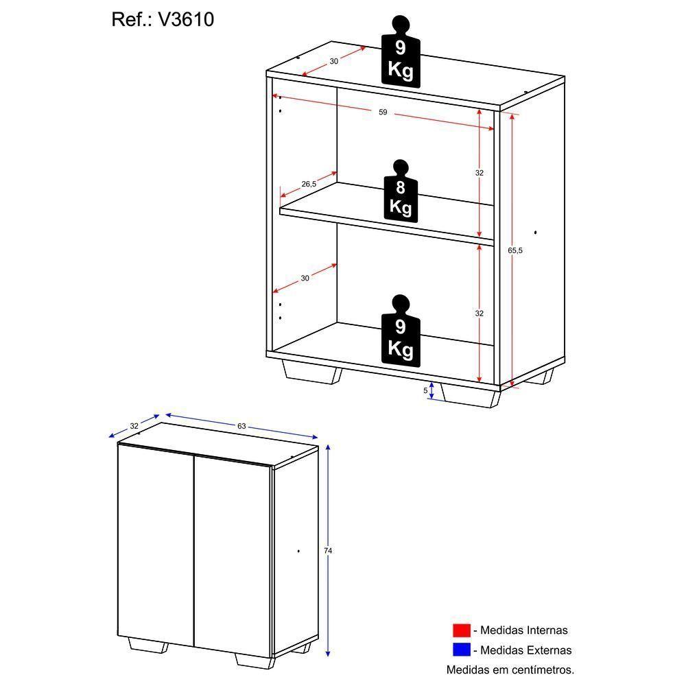 Aparador Buffet 2 Portas Com Pés Quadrados Veneza Multimóveis V3610 Branco/Preto Branco/Preto - 5