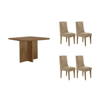 Sala De Jantar Completa Berlim C/ Tampo Madeirado Canto Curvo 90x90cm E 4 Cadeiras Pietá Naturale - Suede Creme - Rufato
