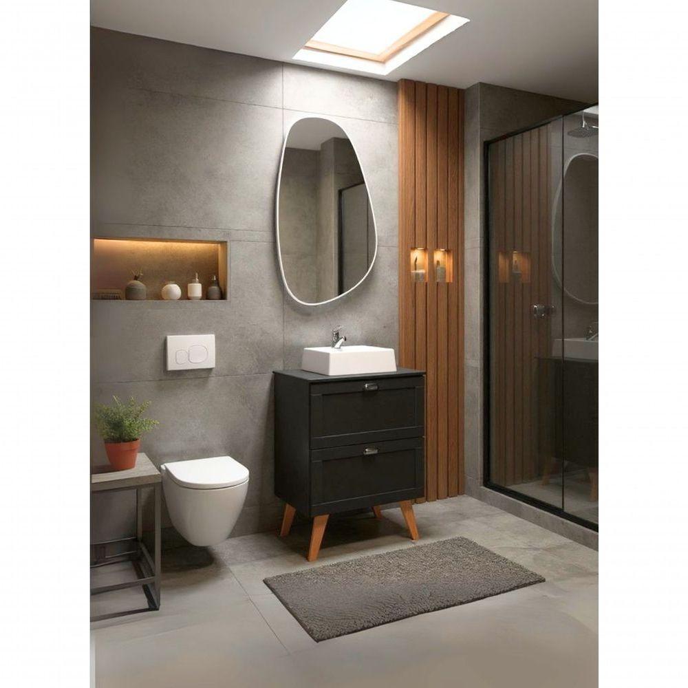 Gabinete Para Banheiro Com Tampo Cuba E Espelheira Organica 60cm Retro Mdf Grafite Milano - On Móveis - 8