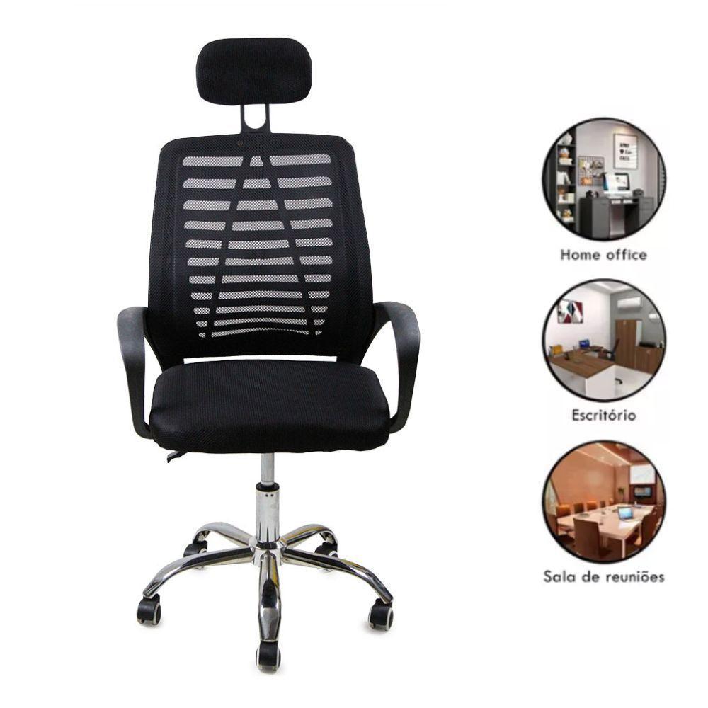 Kit 4 Cadeiras Escritório Diretor Tela Mesh Com Encosto De Cabeça Preto - 4