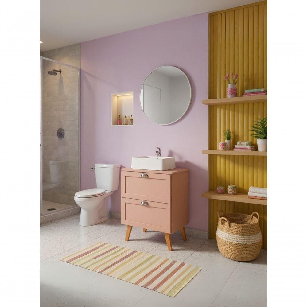 Gabinete Para Banheiro Com Tampo Cuba E Espelho Redondo 60cm Retro Mdf Rosa Milano - On Móveis - 8
