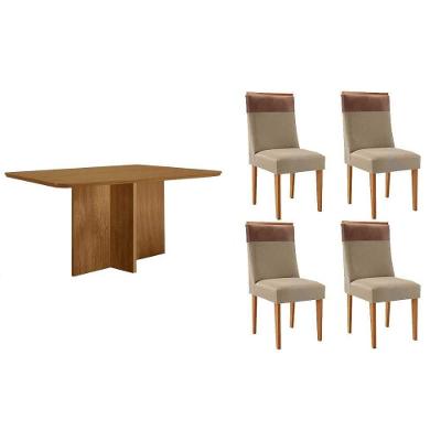 Sala De Jantar Completa Berlim C/ Tampo Madeirado Canto Curvo 120x80cm E 4 Cadeiras Jaspe Naturale - Linho Bege - Rufato